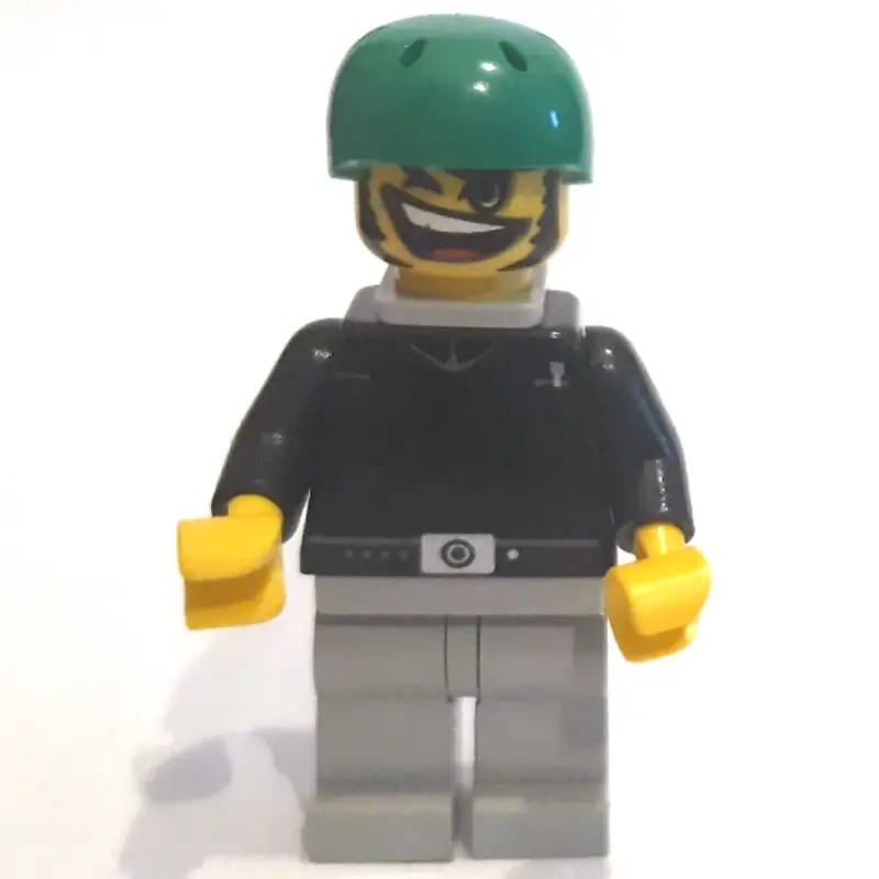 Skateboarder Bill, Black, Green Helmet, Neck Bracket