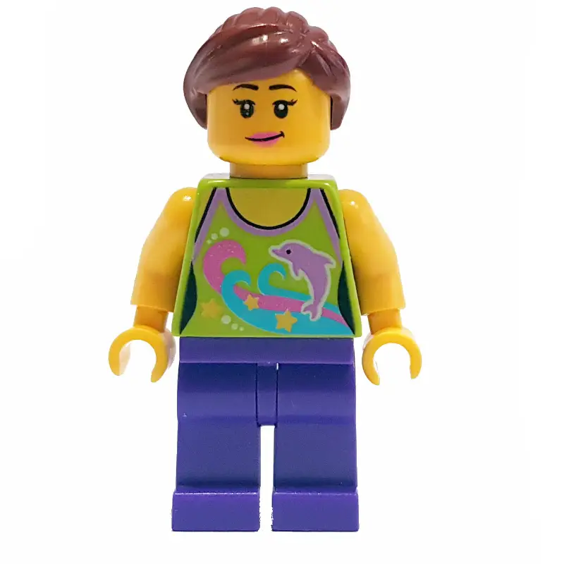 Woman, Lime Halter Top with Dolphins, Dark Purple Legs, Dark Brown Ponytail
