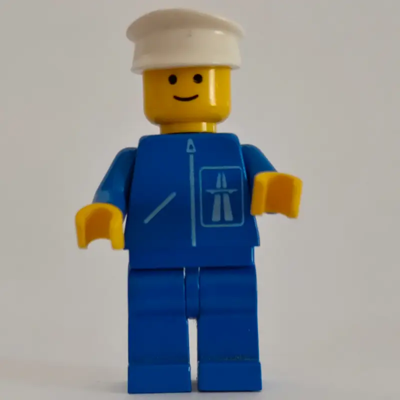 Man, Blue Jacket with Highway Logo, Blue Legs, White Hat