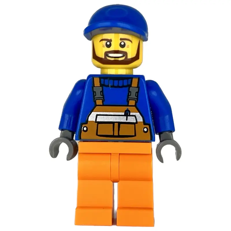 Construction Worker, Orange Overalls over Blue Sweater, Blue Cap, Beard