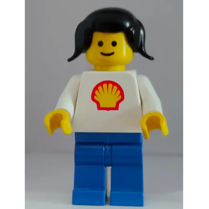 Woman, White Torso with Shell Logo, Blue Legs, Black Pigtails Hair