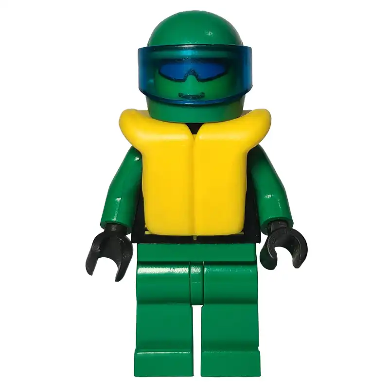 Racer, Extreme Team, Black Jacket, Green Legs, Green Helmet with Visor, Yellow Life Vest, Blue Sunglasses