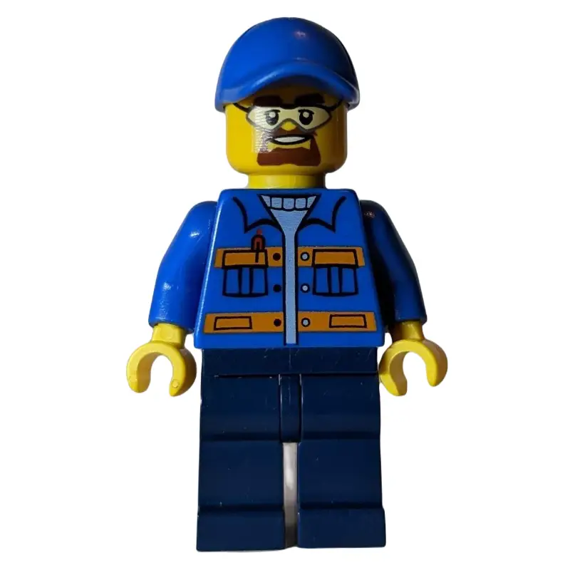 Worker, Blue Jacket with Orange Stripes, Dark Blue Legs, Blue Cap, Safety Glasses and Goatee Beard