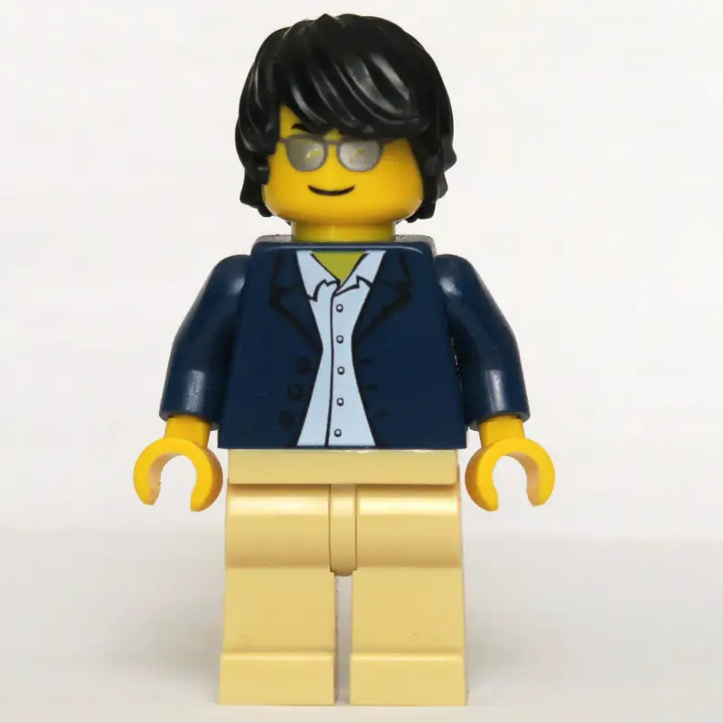 Man, Open Dark Blue Jacket, Tan Legs, Black Hair, Silver Sunglasses