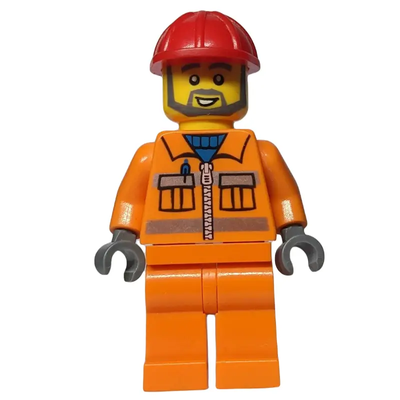 Construction Worker in Orange Jacket with Zipper and Reflective Stripes, Red Helmet, Gray Beard