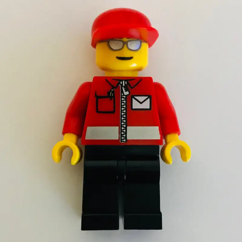 Postal Worker, Red Jacket with Zipper and Letter Logo, Black Legs, Red Cap, Silver Sunglasses