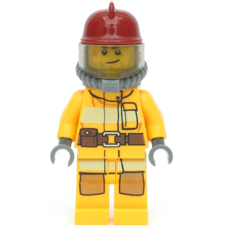 Fireman, Bright Light Orange Fire Suit, Dark Red Helmet, Breathing Apparatus, Airtanks, Stubble and Scar