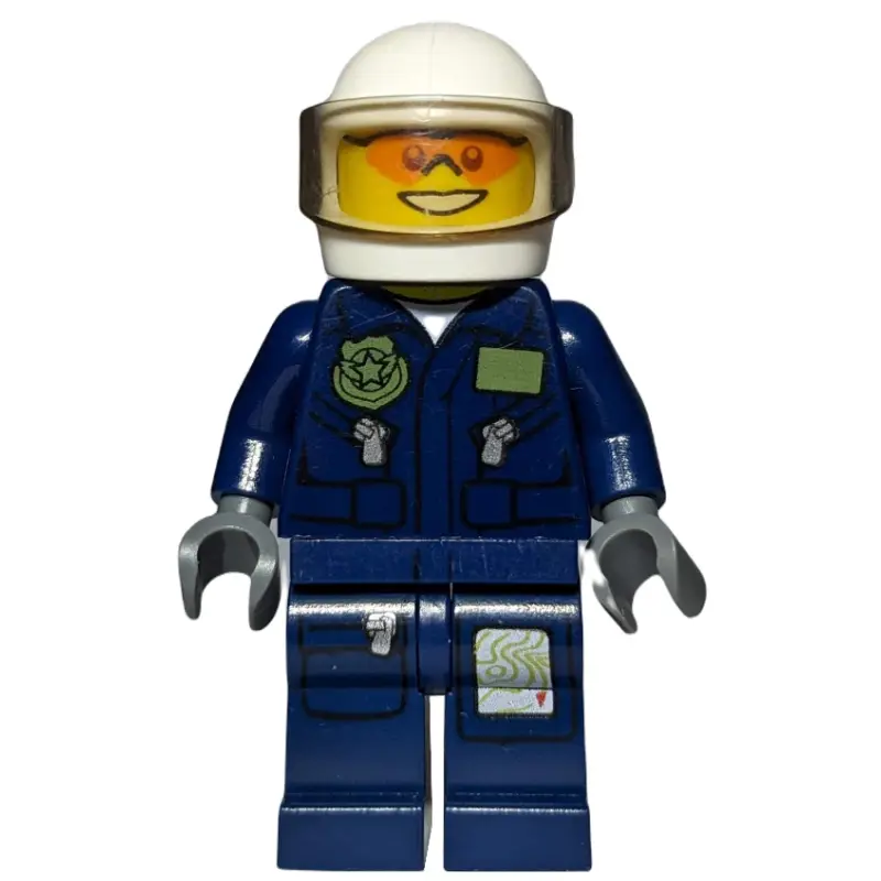 Policeman, Dark Blue Jacket with Pockets and Badge, White Helmet with Visor, Orange Sunglasses