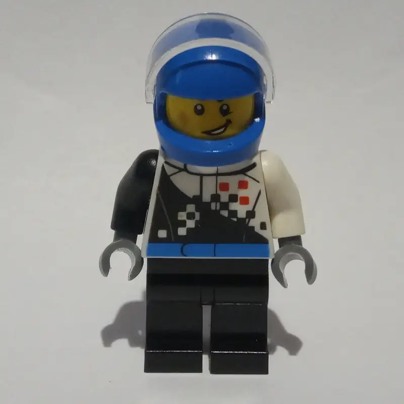Racer, Black and White Jumpsuit, Blue Helmet with Visor, Scar