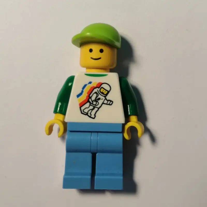 Man, Floating Classic Spaceman on Shirt, Medium Azure Legs, Lime Cap