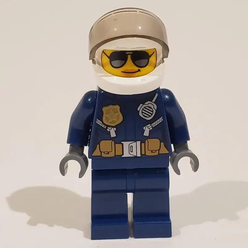 Policewoman, Dark Blue Jacket with Radio, Badge, and Belt with Pouches, White Helmet with Trans-Brown Visor, Sunglasses