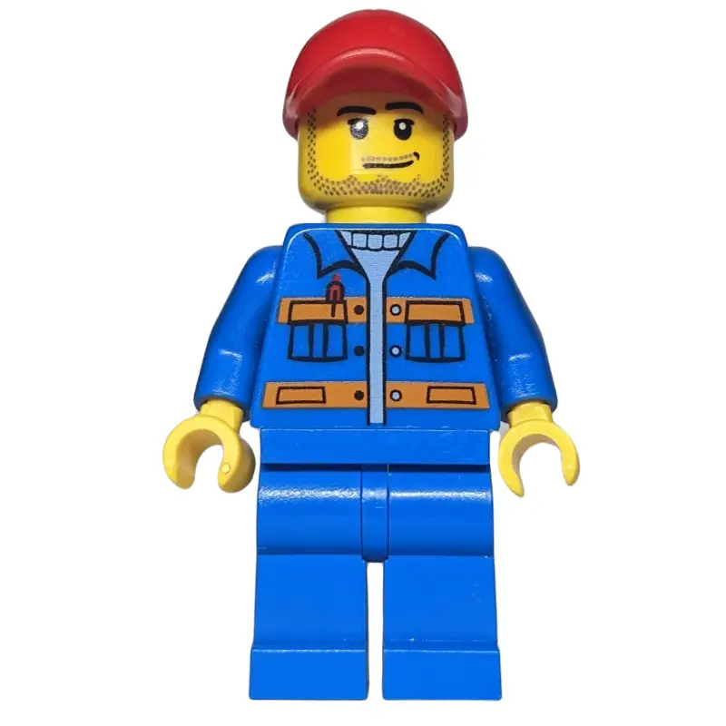 Construction Worker, Blue Jacket with Orange Stripes, Blue Legs, Red Cap, Stubble