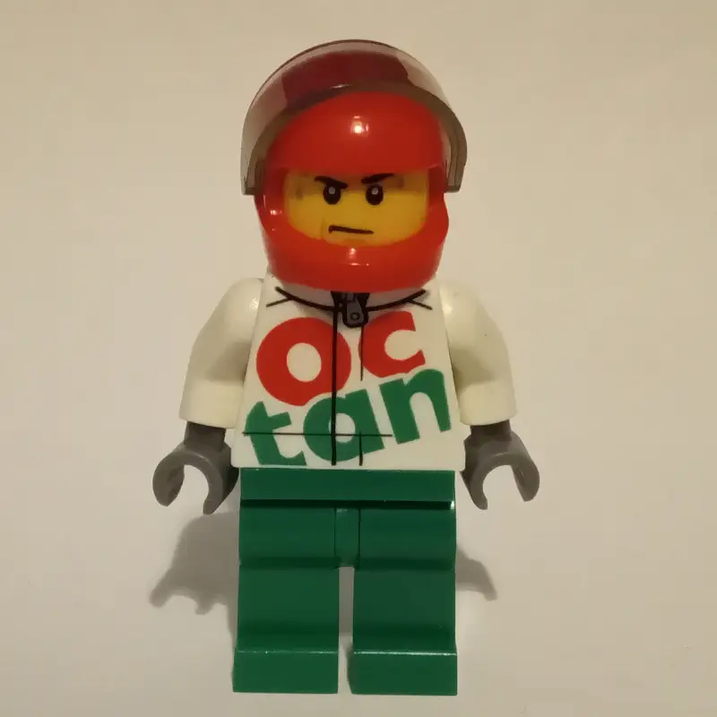 Racer, White and Green Jumpsuit with Large 'Octan', Red Helmet with Visor, Sweat Beads