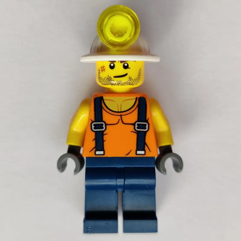 Miner, Orange Vest with Suspenders, Mining Hat, Stubble and Scar