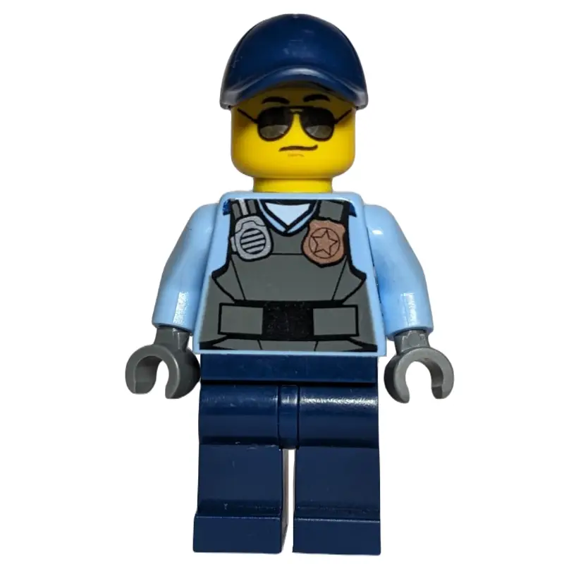 Policeman, Dark Bluish Gray Vest with Radio, Badge, and 'POLICE' on Back over Medium Blue Shirt, Dark Blue Cap, Sunglasses