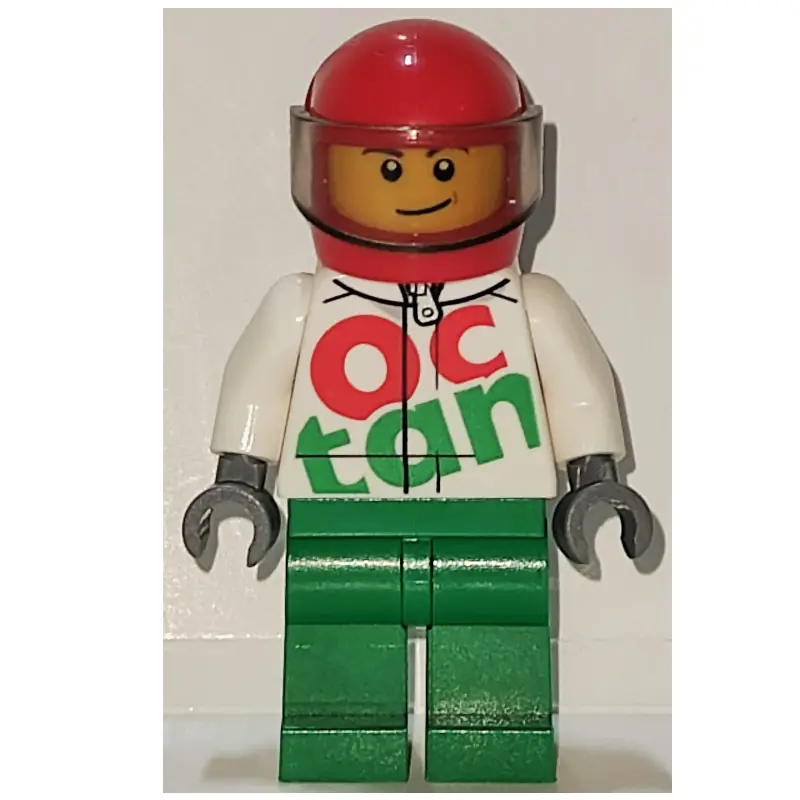 Racer Ray, White and Green Jumpsuit with Large 'Octan', Red Helmet with Visor