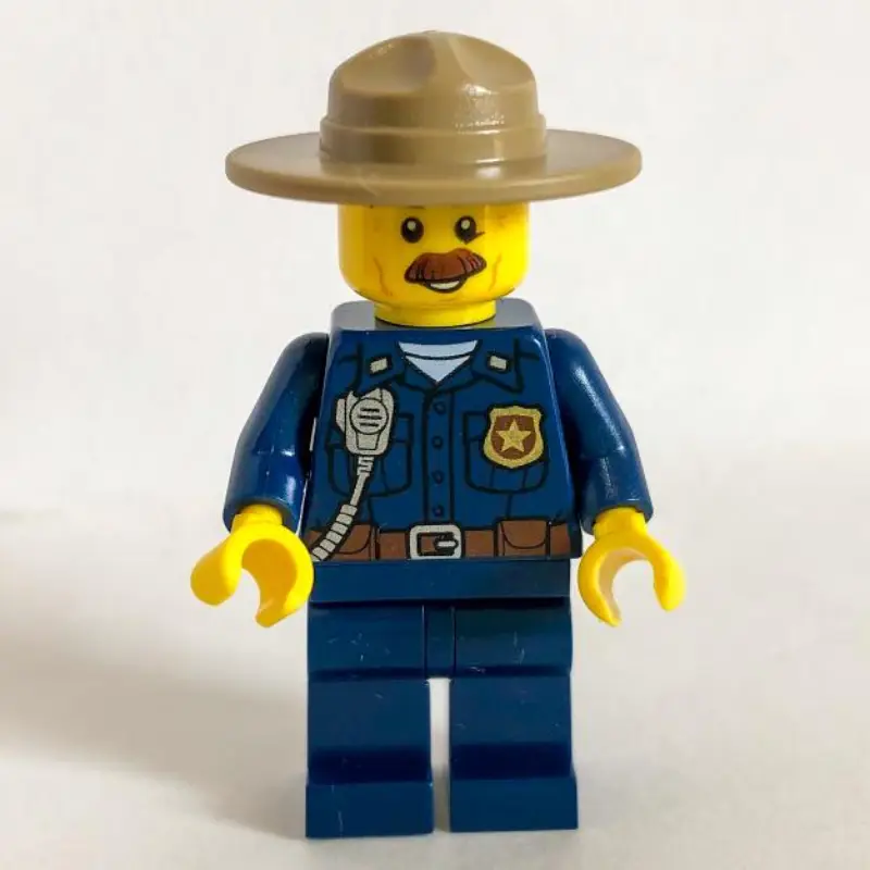 Mountain Police Chief, Dark Blue Shirt with Radio and Badge, Campaign Hat, Moustache