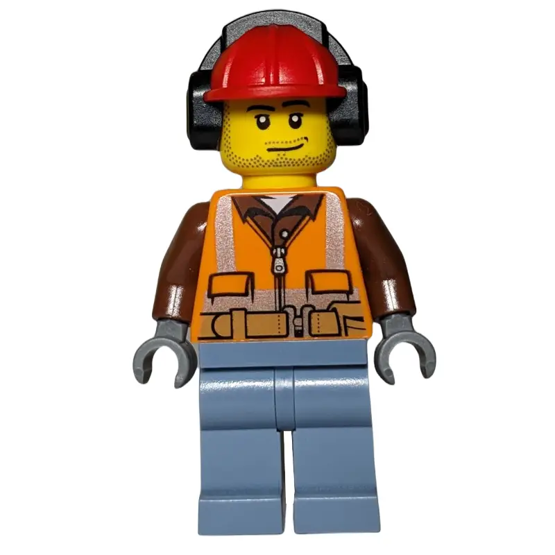 Construction Worker, Orange Safety Vest with Zipper over Reddish Brown Shirt, Sand Blue Legs, Red Hard Hat with Ear Defenders, Stubble