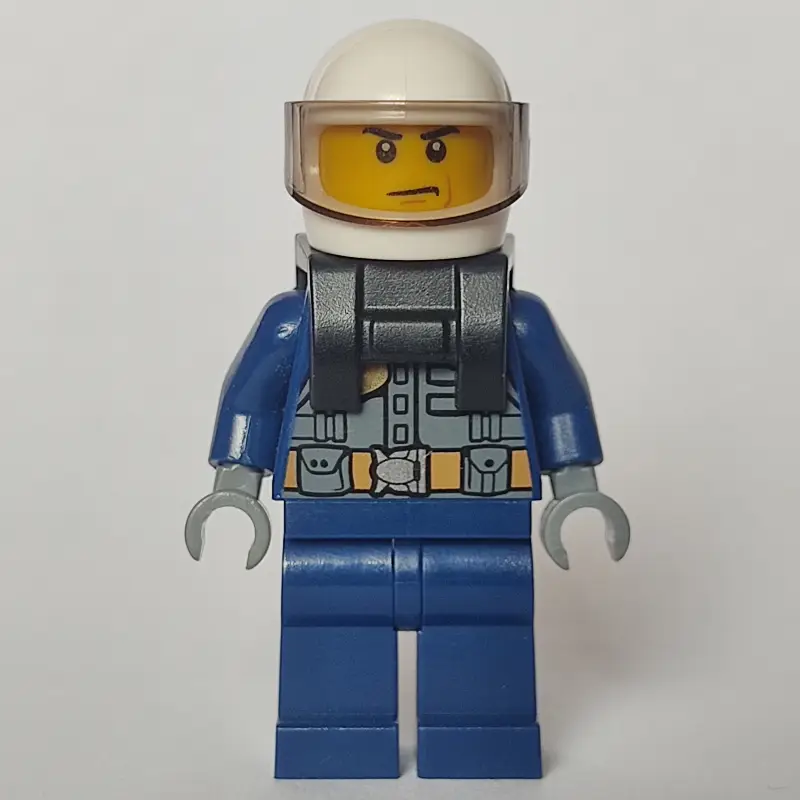 Policeman, Dark Bluish Gray Vest with Radio and Badge over Dark Blue Shirt, White Helmet with Visor, Neck Bracket