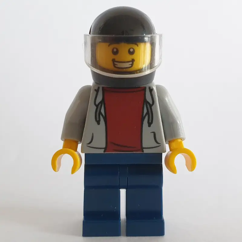 Man, Light Bluish Gray Hoodie over Dark Red Shirt, Dark Blue Legs, Black Helmet with Visor