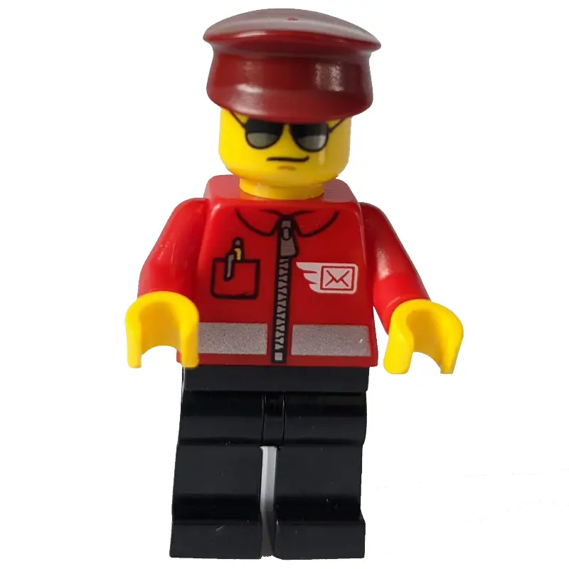 Postal Worker, Red Jacket with Winged Letter Logo, Black Legs, Dark Red Hat, Sunglasses