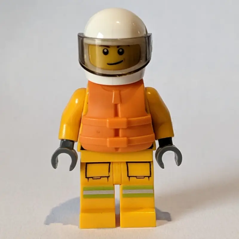 Fireman, Bright Light Orange Fire Suit, White Helmet with Visor, Orange Life Vest