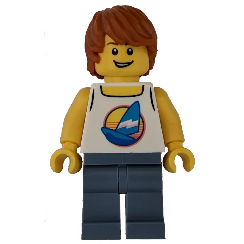 Surfer, White Tank Top with Windsurfer, Sand Blue Legs