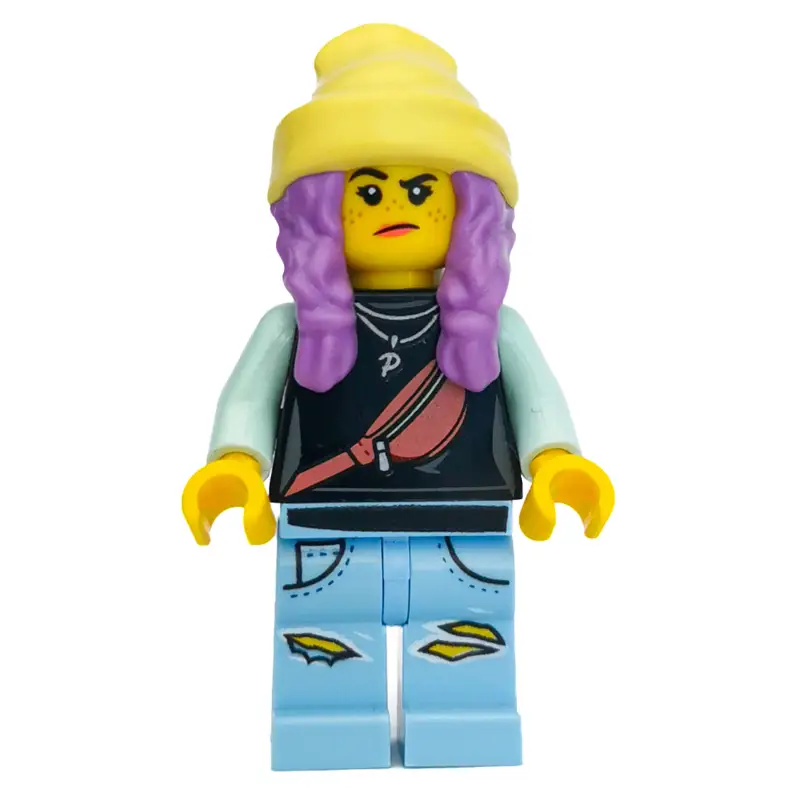 Parker L. Jackson, Black Top, Bright Light Yellow Beanie Hat, Medium Lavender Hair