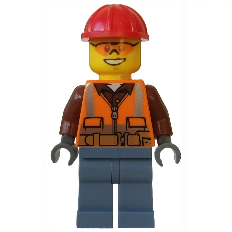 Lumberjack, Orange Safety Vest with Zipper over Reddish Brown Shirt, Sand Blue Legs, Red Hard Hat, Orange Safety Glasses
