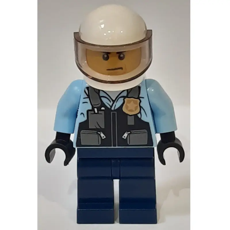 Policeman, Black Vest with Badge and Pouches over Bright Light Blue Shirt, Dark Blue Legs, White Helmet with Visor