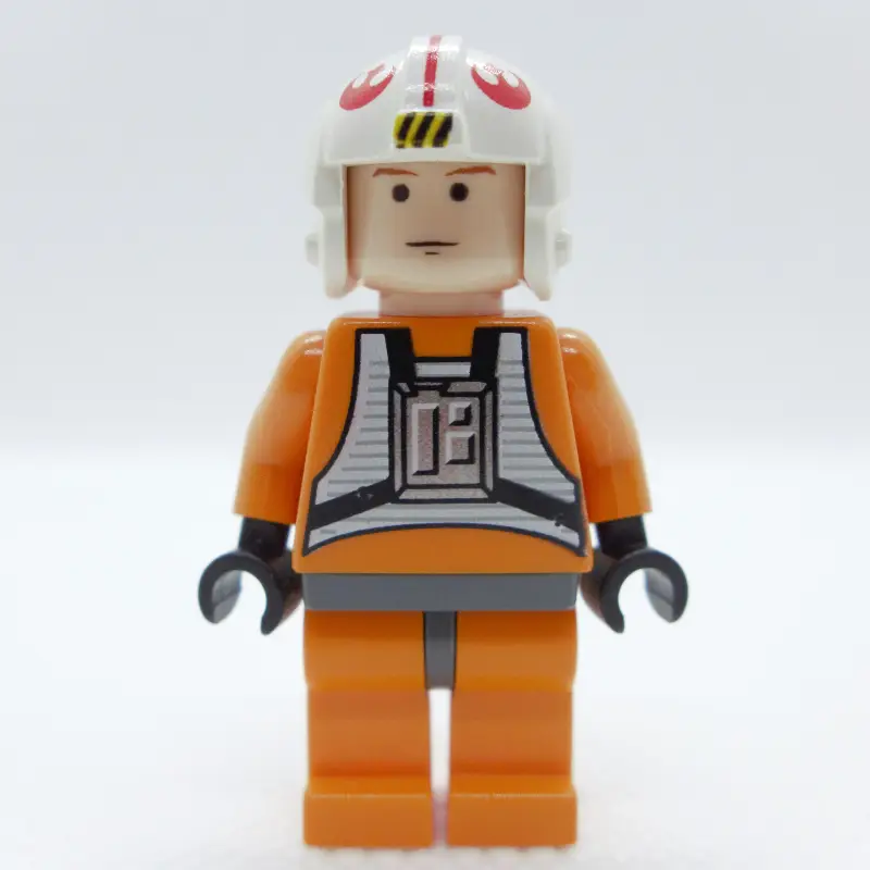 Luke Skywalker, Orange Rebel Pilot Outfit, Dark Bluish Gray Hips, Black Eyes