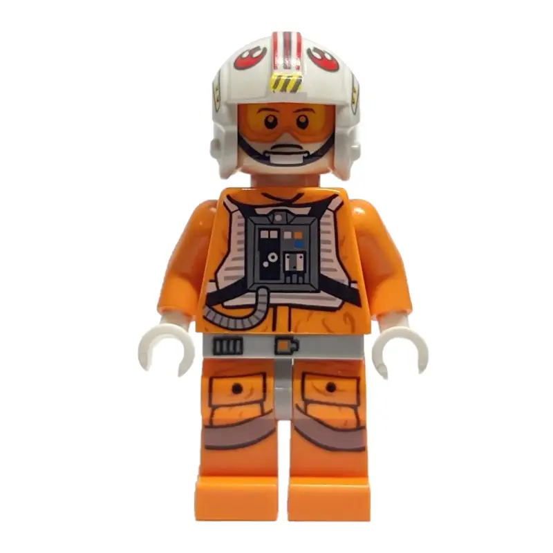Luke Skywalker, Orange Rebel Pilot Outfit, Light Bluish Gray Hips, White Hands,  Visor on One Side of Head