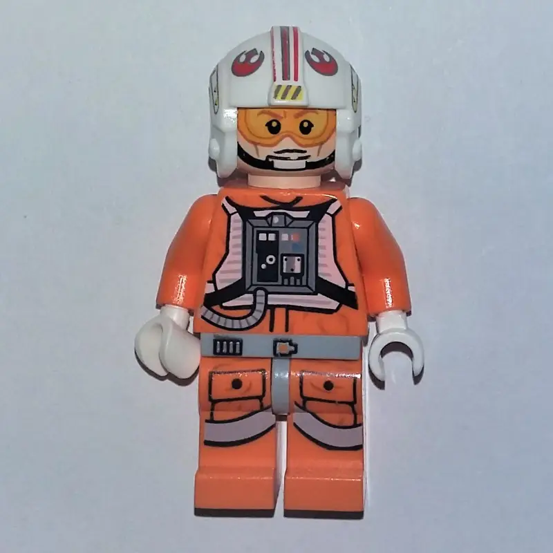 Luke Skywalker, Orange Rebel Pilot Outfit, Light Bluish Gray Hips, White Hands, Visor on Both Sides of Head