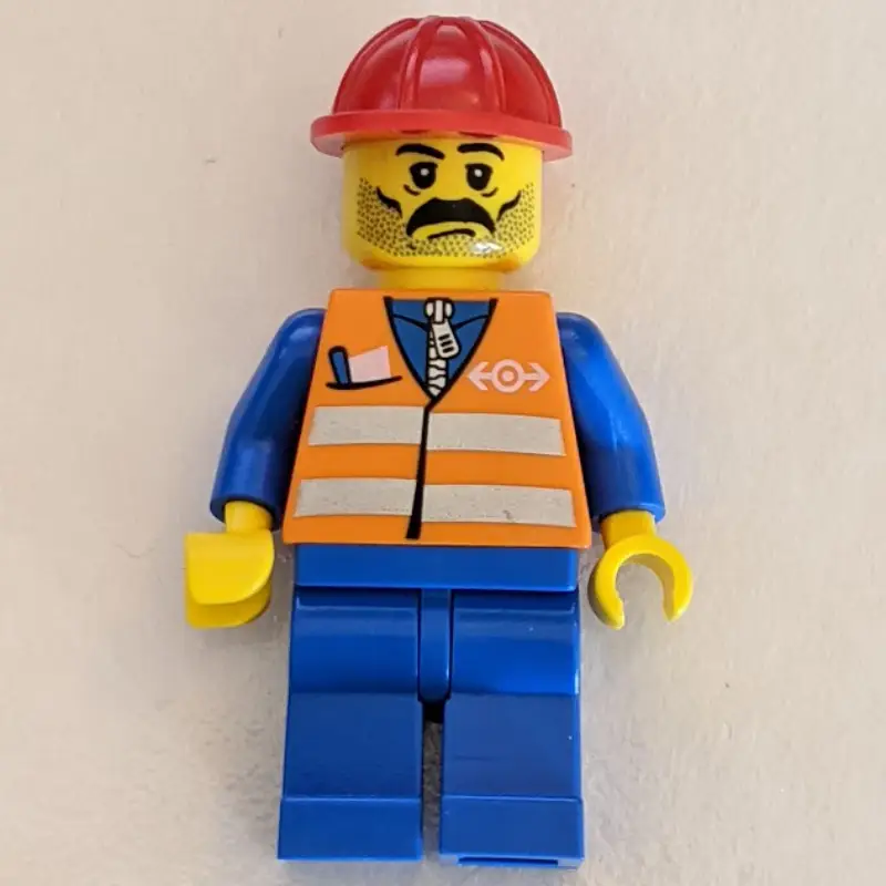 Worker - Orange Safety Vest, Blue Legs, Red Helmet, Black Moustache