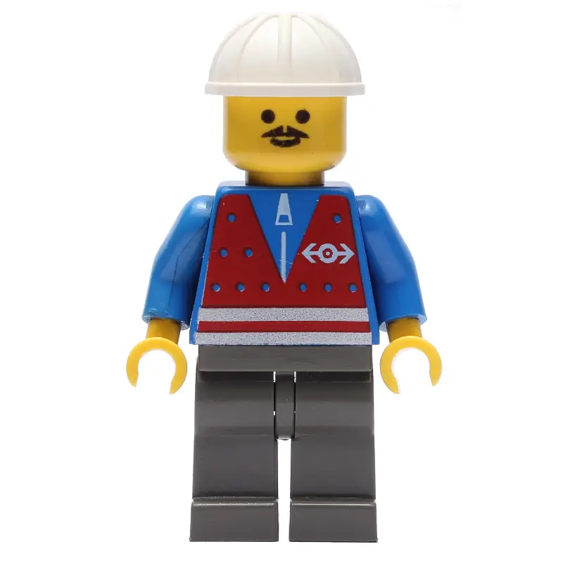 Train Worker - Red Vest, Dark Gray Legs, White Helmet, Moustache