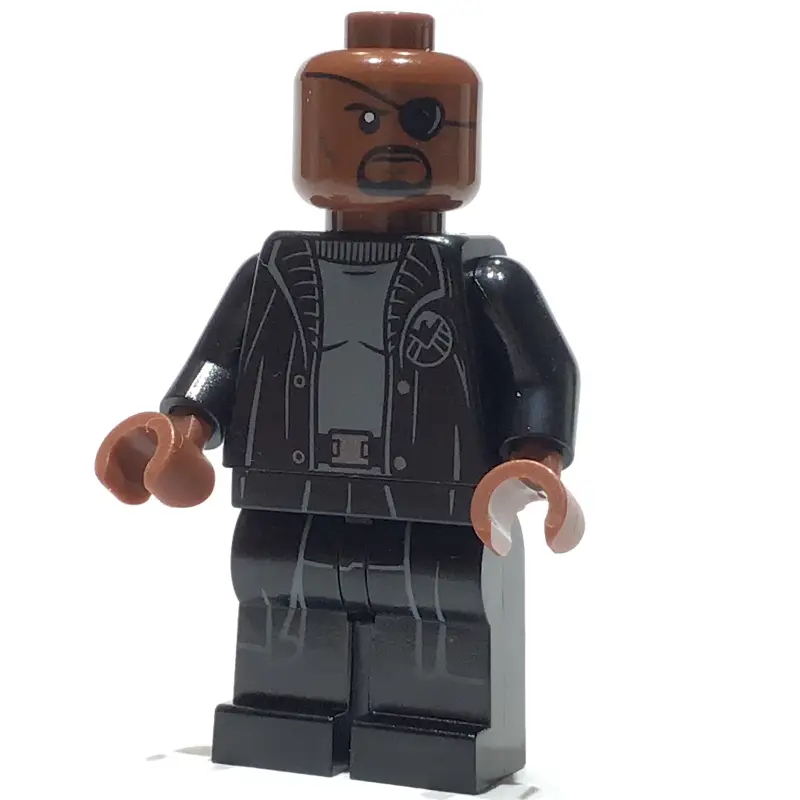 Nick Fury in Long Black Coat Over Gray Sweater, Line on Hips