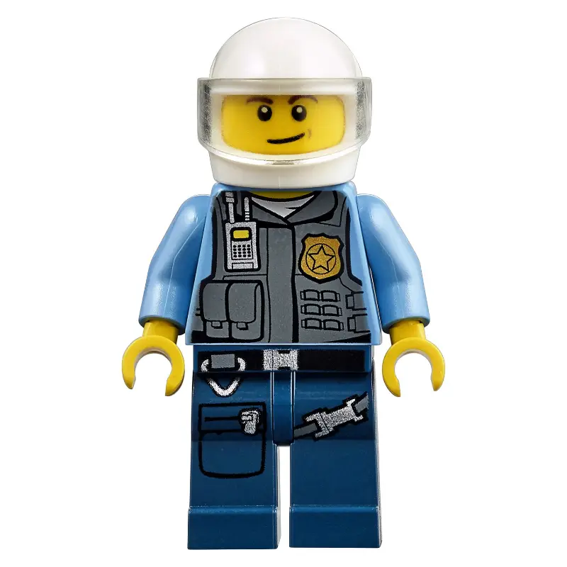 Policeman in Vest with Gold Badge, Radio, and Pockets. White Helmet with Trans-Clear Visor