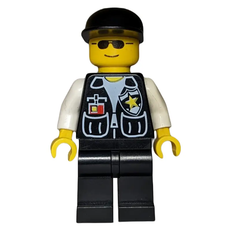 Policeman, Black Vest with Badge and Pockets, Black Cap, Sunglasses