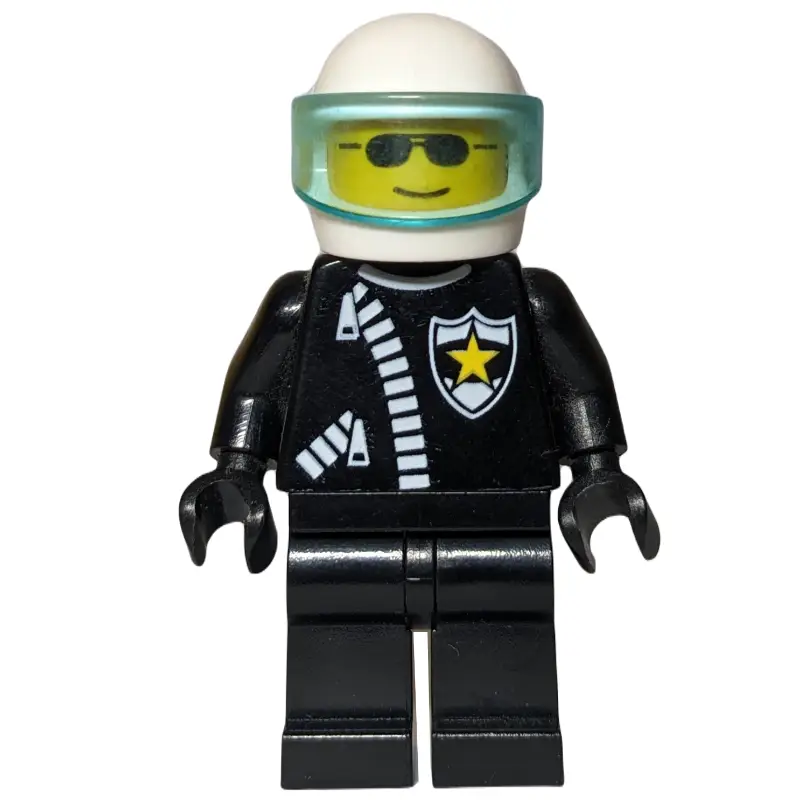 Policeman, Black Jacket with Zipper and Badge, White Helmet with Trans-Light Blue Visor