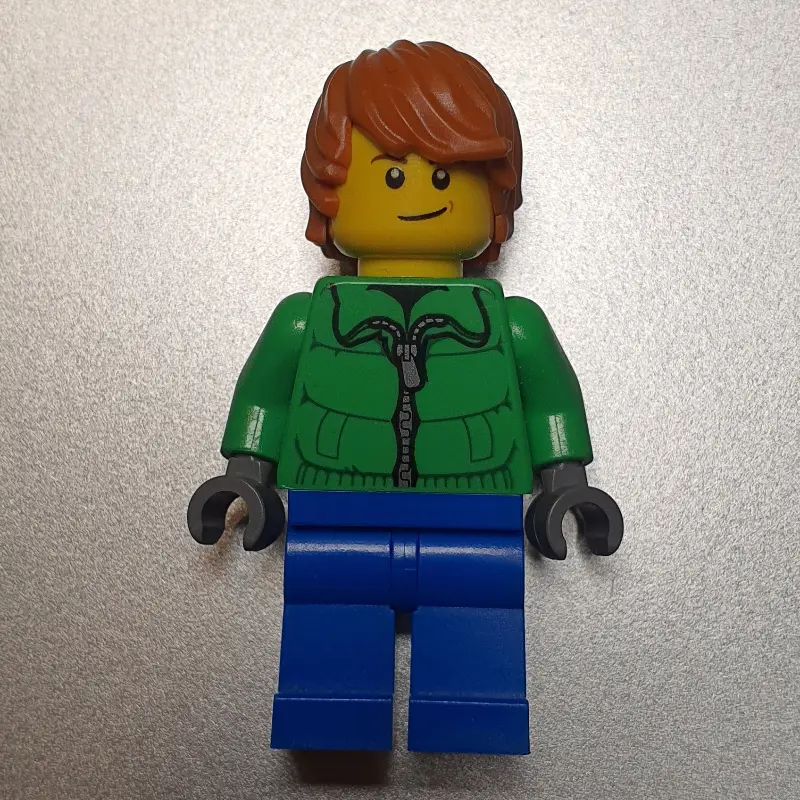 Man, Bright Green Jacket, Blue Legs