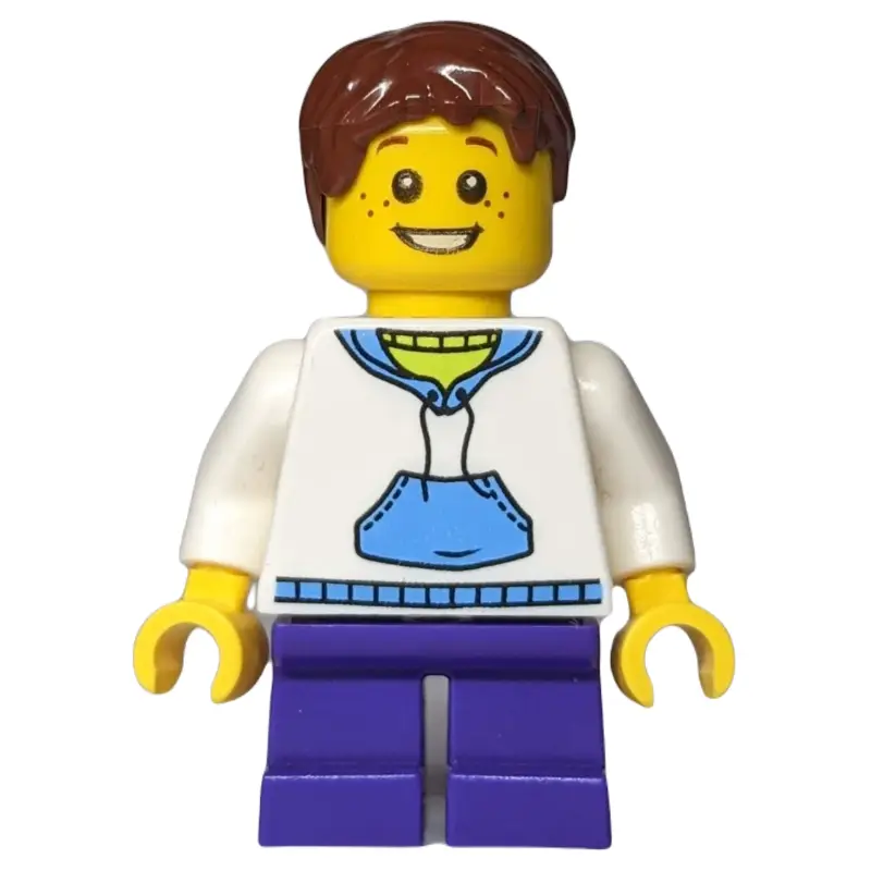 Boy, White and Blue Hoodie, Short Dark Purple Legs, Reddish Brown Hair