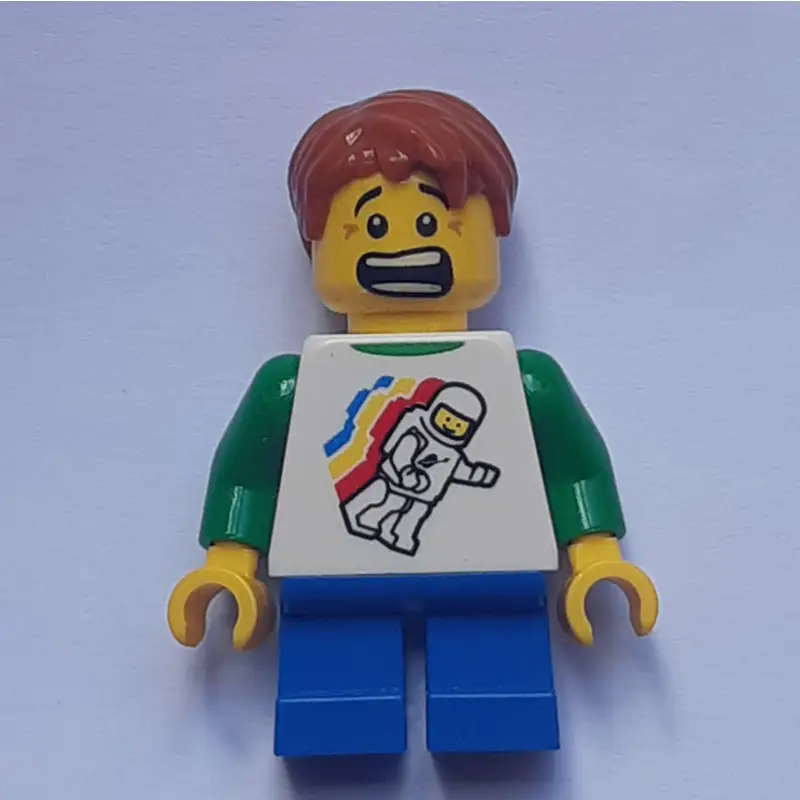 Boy, Floating Classic Spaceman on Shirt, Short Blue Legs, Dark Orange Hair
