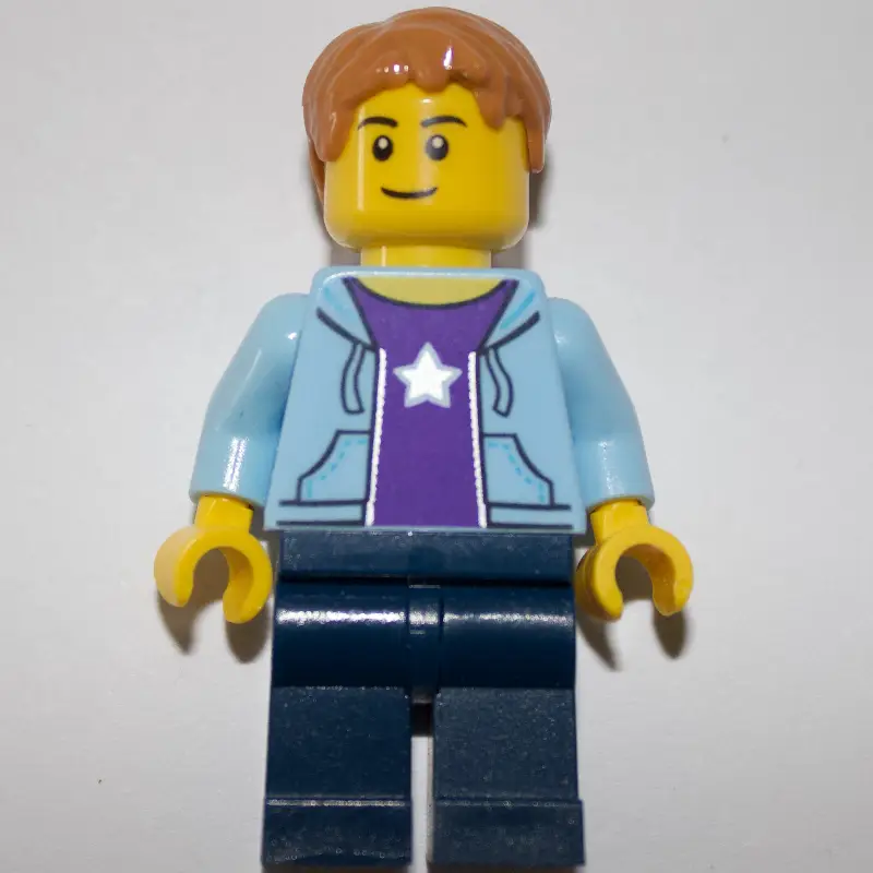 Man, Open Bright Light Blue Hoodie over Dark Purple Shirt with Star, Dark Blue Legs