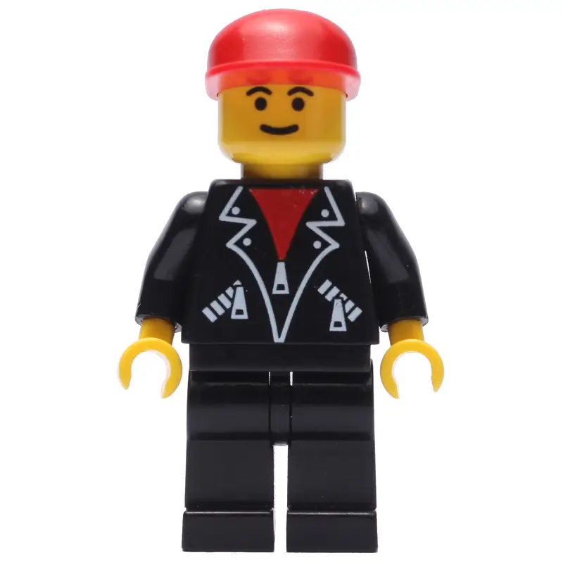 Man, Open Black Jacket over Red Shirt, Black Legs, Red Cap