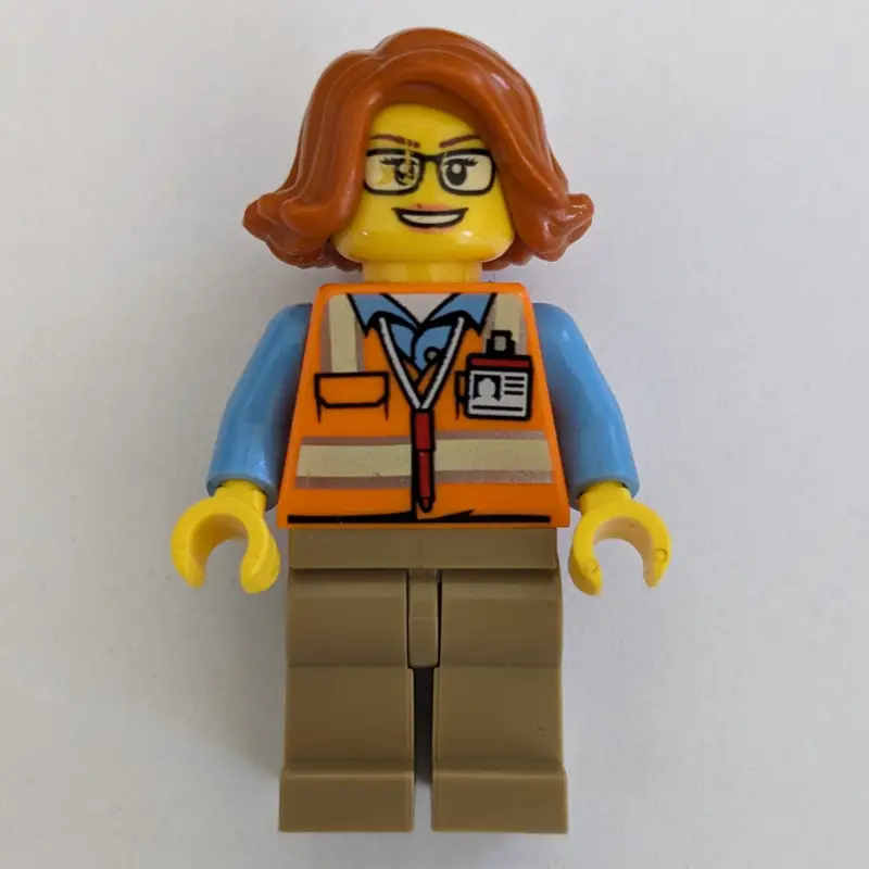 Woman, Orange Safety Vest, Dark Tan Legs, Glasses