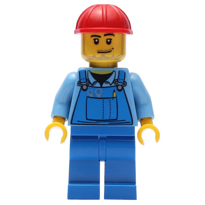 Man, Blue Overalls, Red Hard Hat, Stubble
