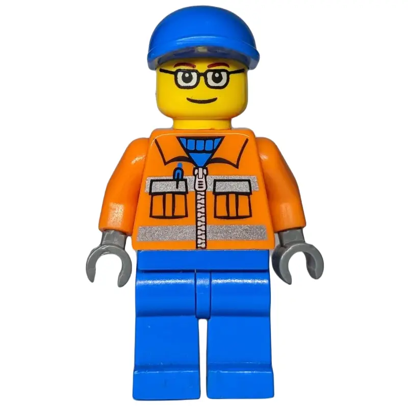 Ground Crew, Orange Jacket with Zipper and Reflective Stripes, Blue Legs, Blue Cap, Glasses