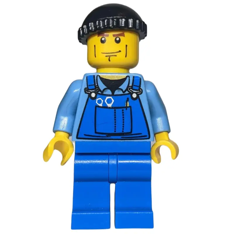 Man, Blue Overalls over Shirt, Blue Legs, Black Hat, Cheek Lines