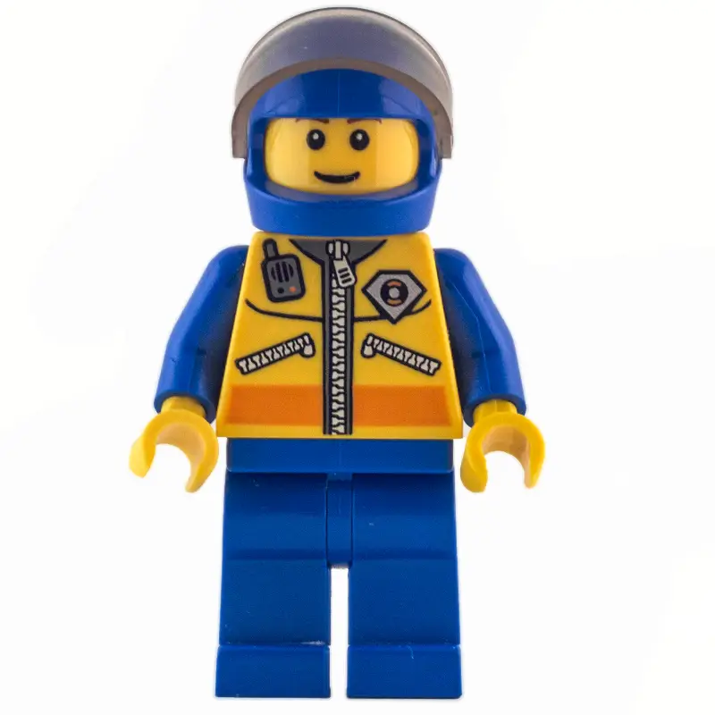 Coast Guard, Yellow Jacket with Zipper, Radio and Badge, Blue Helmet with Visor, Brown Eyebrows