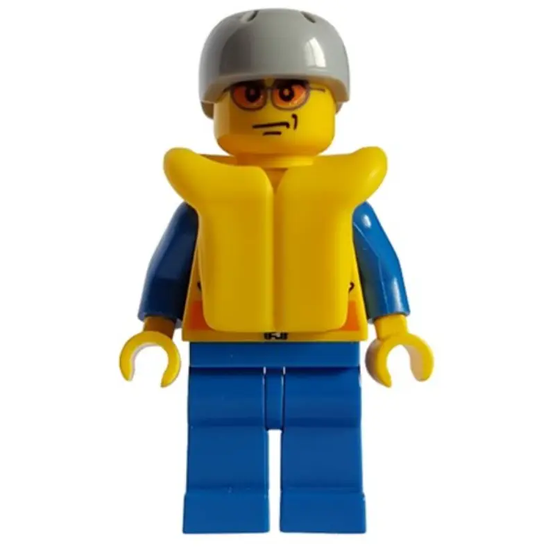 Coast Guard, Yellow Jacket with Zipper, Radio and Badge, Light Bluish Gray Helmet, Yellow Life Vest, Orange Sunglasses